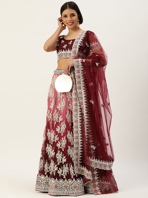 Women's Burgundy Net Multi Colour Thread Embroidered Lehenga & Blouse, Dupatta - Royal Dwells