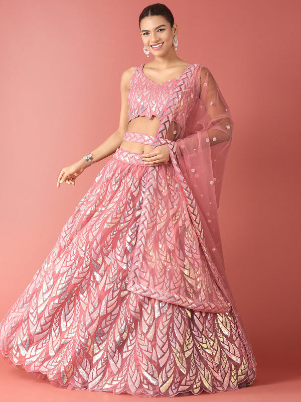 Women's Coral Net Sequinse Work Fully-Stitched Lehenga & Stitched Blouse, Dupatta - Royal Dwells