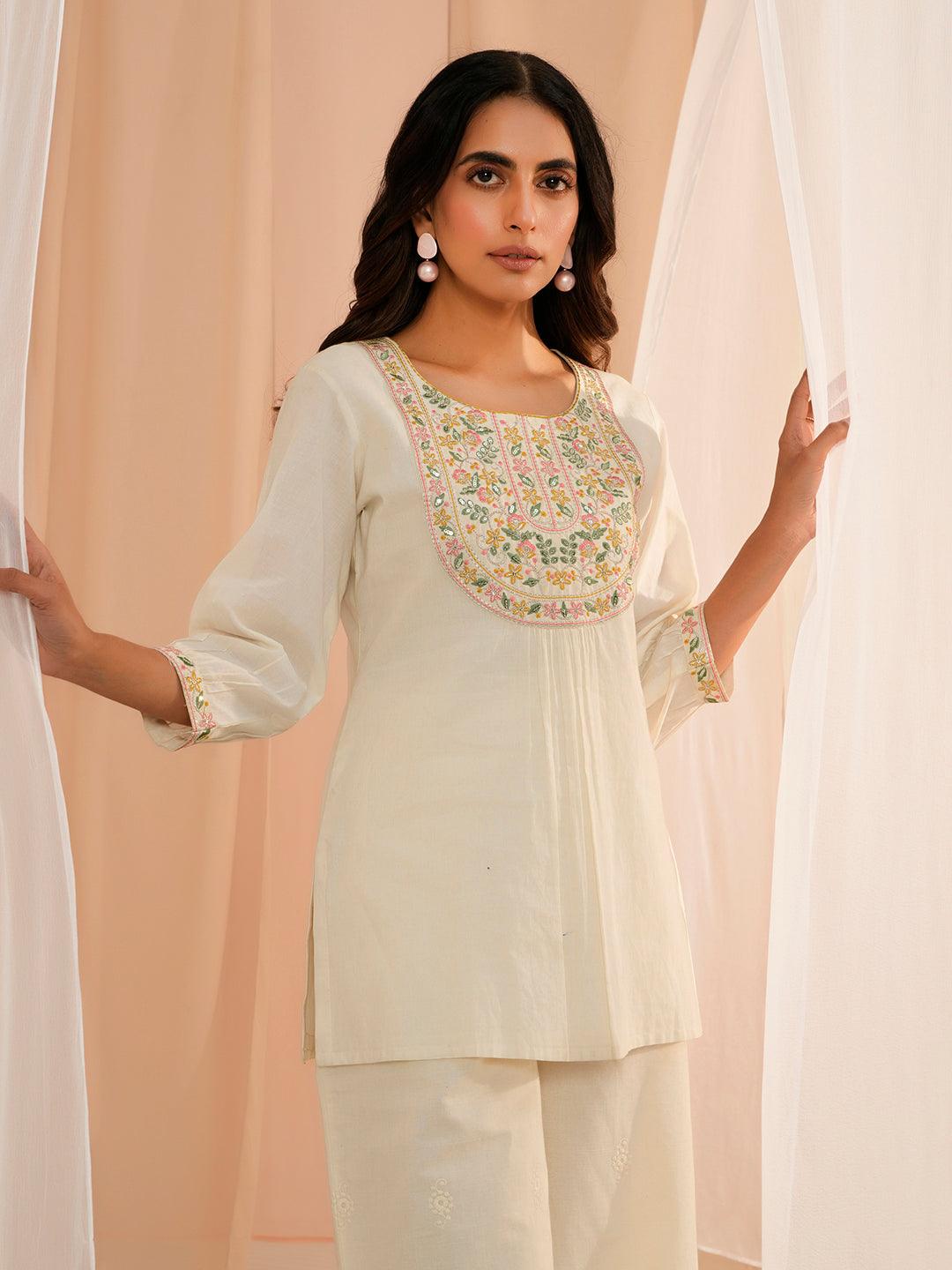 Off White Yoke Design Cotton Straight Kurti - Jashvi