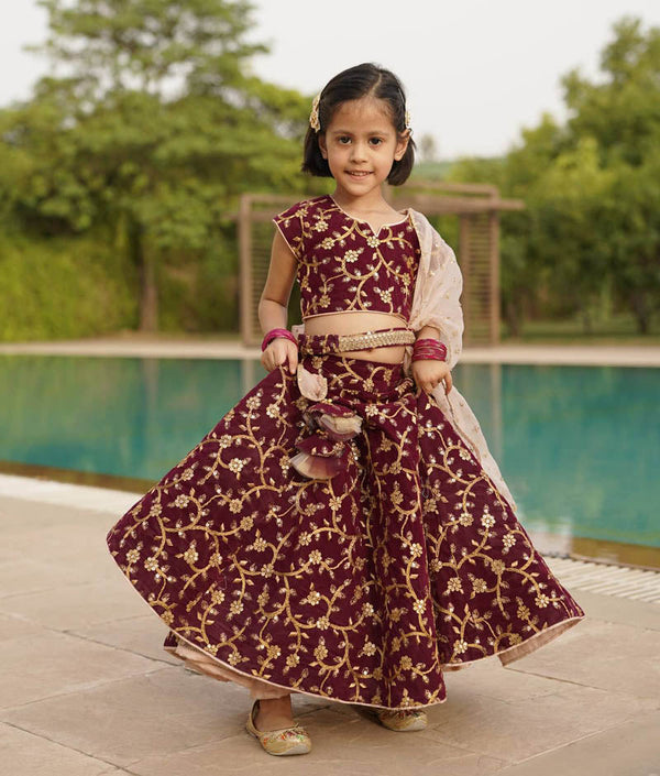 Girl's Wine Embroidery Velvet Lehenga Choli And Dupatta - Fayon Kids