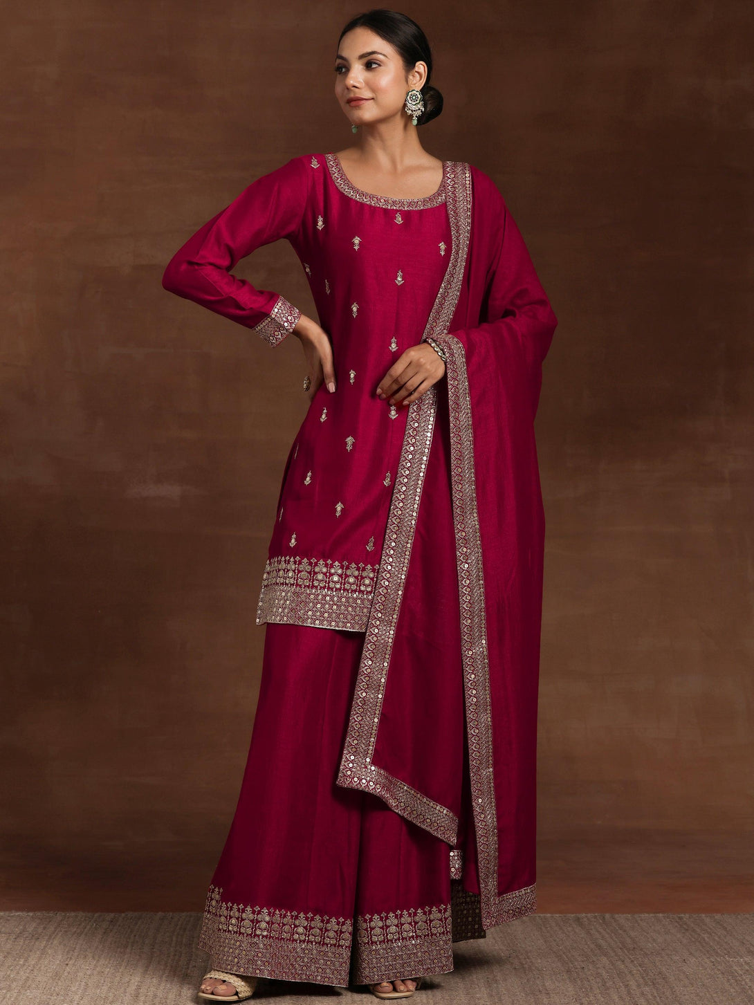 Pink Embroidered Silk Blend Straight Suit With Dupatta - Jashvi