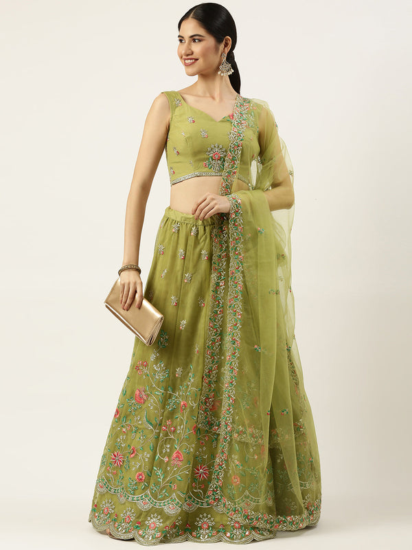 Women's Olive Net Sequince Work Lehenga & Blouse, Dupatta - Royal Dwells