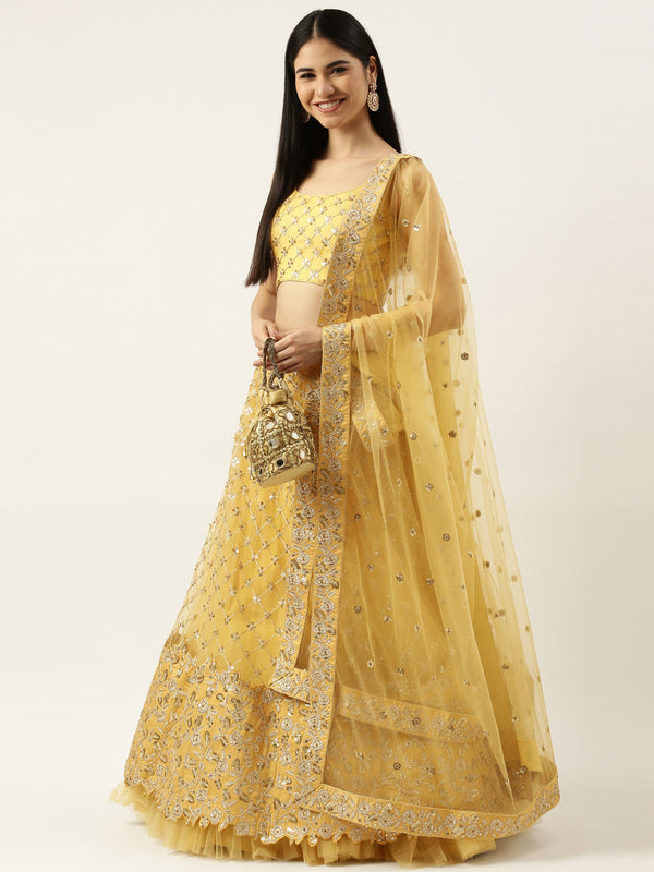 Women's Yellow Net Coding Work Lehenga & Blouse, Dupatta - Royal Dwells