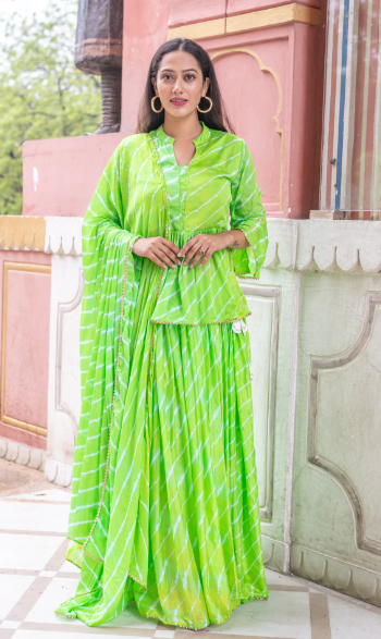 Women's Green  Upada Silk Lehenga With Bijiya And White Tassels Set - Saras The Label