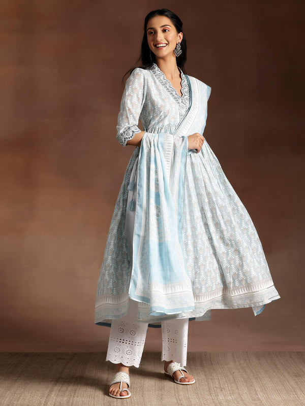 Grey Printed Cotton A-Line Kurta With Palazzos & Dupatta - Jashvi