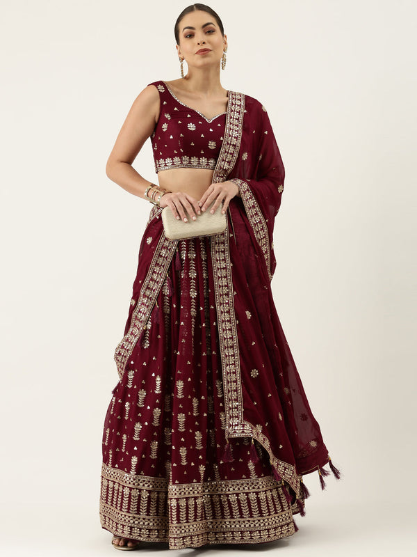 Women's Burgundy Pure Georgette Zari & Sequince Work Lehenga & Blouse With Dupatta - Royal Dwells