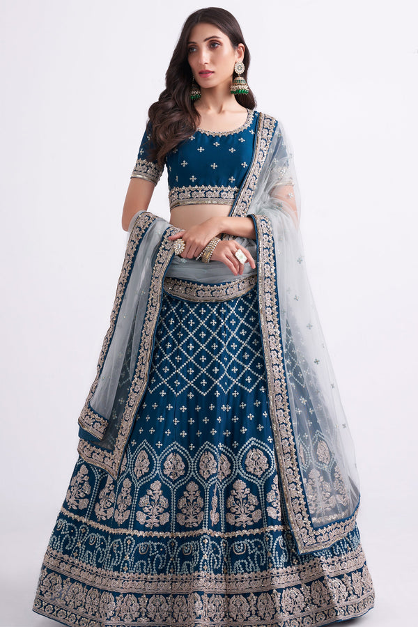 Women's Bridal Heritage Teal Blue Heavy Embroidered Silky Georgette Designer Lehenga - CHITRAS