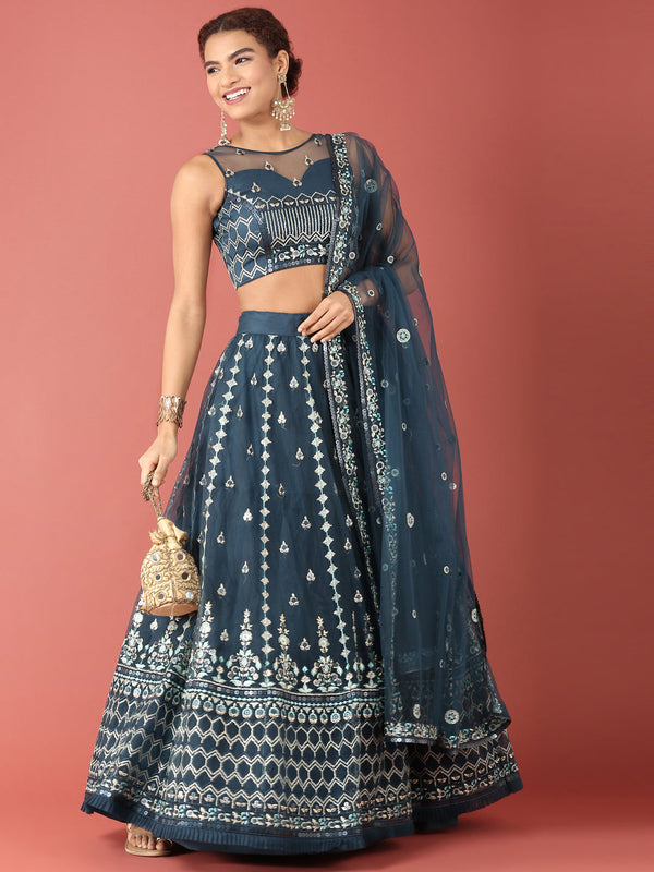 Women's Navy Blue Net Sequince Work Lehenga & Blouse, Dupatta - Royal Dwells