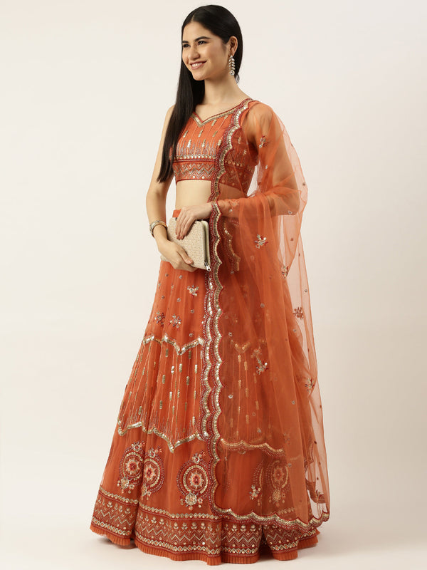 Women's Orange Net Sequince Work Lehenga & Blouse, Dupatta - Royal Dwells