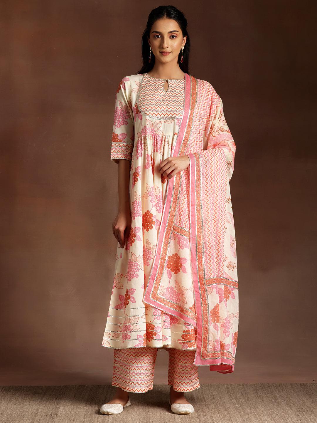 Orange Printed Cotton Anarkali Suit With Dupatta - Jashvi