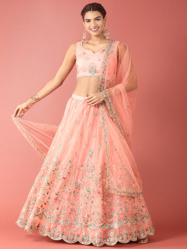 Women's Peach Net Sequince Work Lehenga & Blouse, Dupatta - Royal Dwells