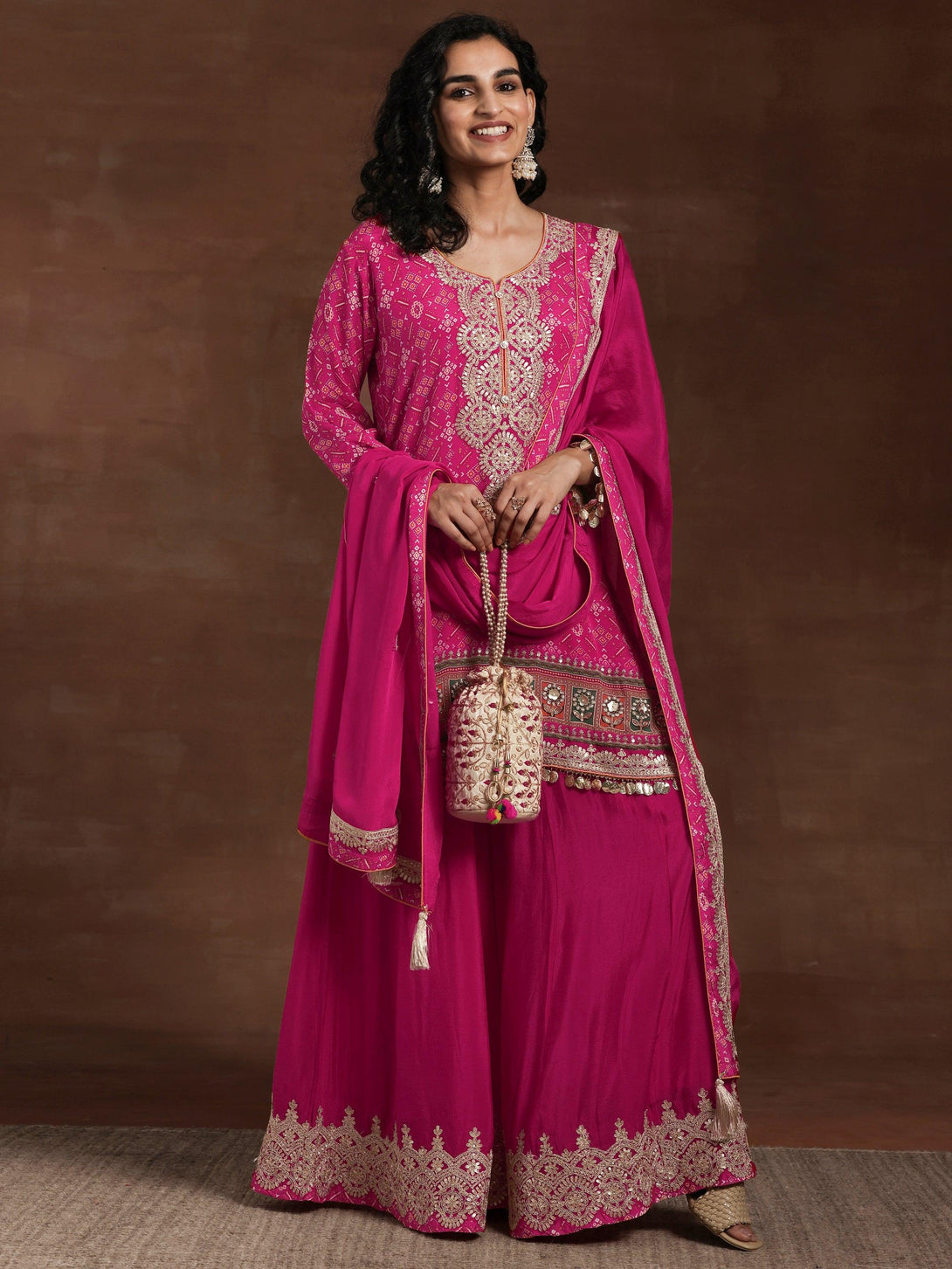 Jashvi Art Pink Printed Silk Blend Straight Suit With Dupatta - Jashvi