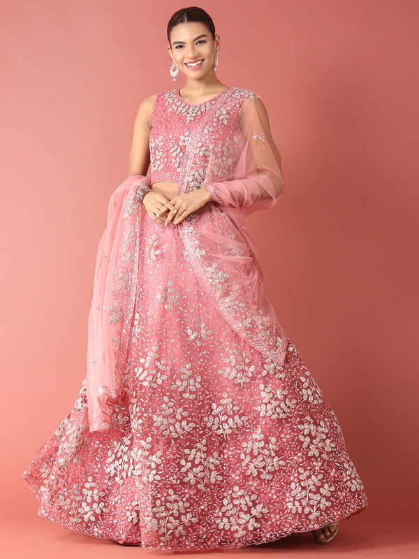 Women's Pink Net Sequinse Work Fully-Stitched Lehenga & Stitched Blouse, Dupatta - Royal Dwells