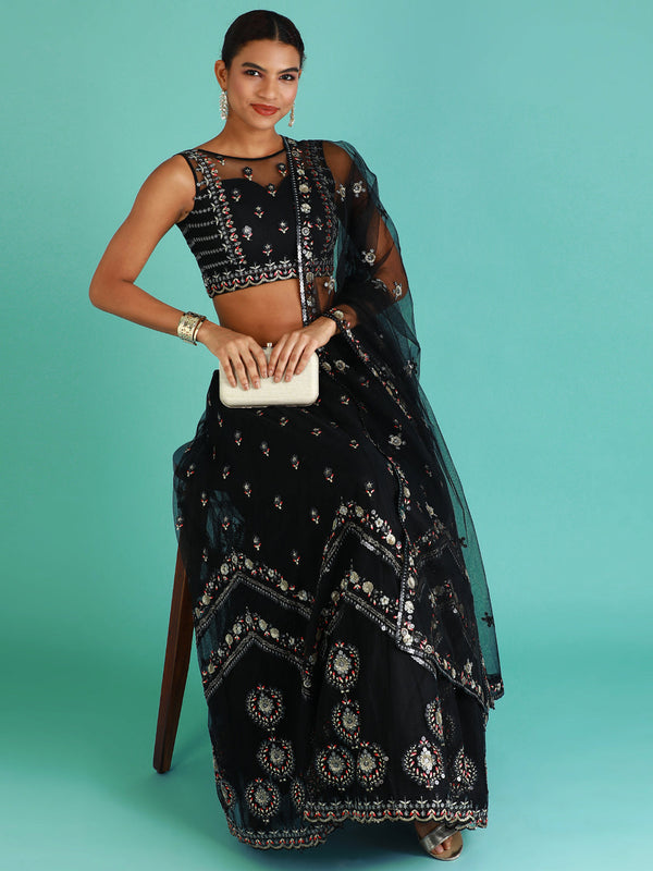 Women's Black Net Sequince Work Lehenga & Blouse, Dupatta - Royal Dwells