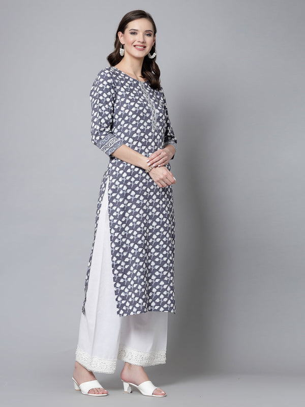 Women's Grey Rayon Leaf Print Kurta - Kipek