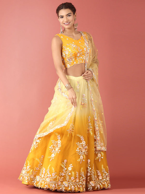 Women's Mustard Tone Shadding Net Sequinse Work Fully-Stitched Lehenga & Stitched Blouse, Dupatta - Royal Dwells