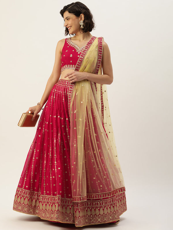 Women's Rose Pink Pure Georgette Sequince Embroidered Lehenga & Blouse, Dupatta - Royal Dwells