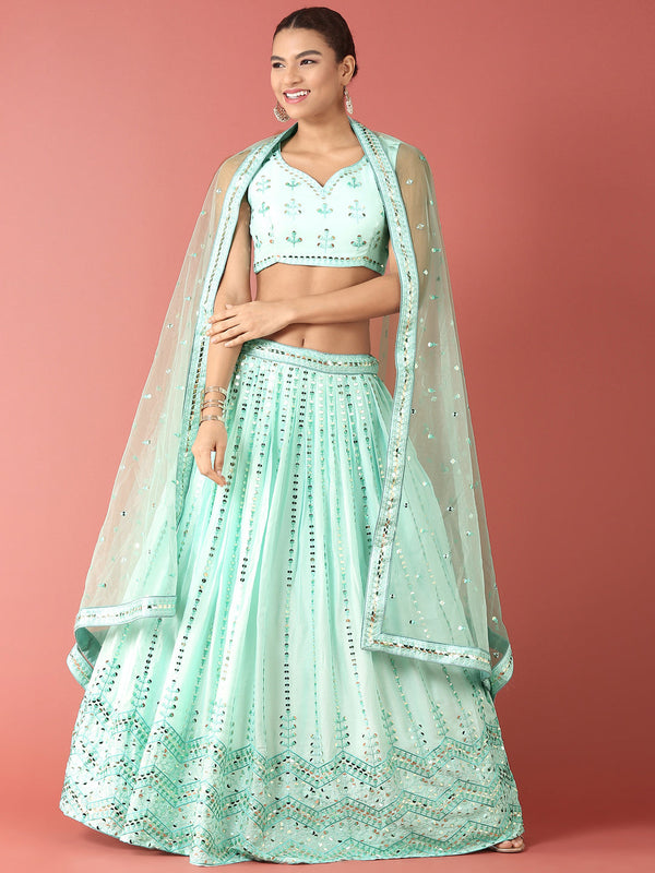 Women's Turquoise Blue Georgette Sequinse Work Fully-Stitched Lehenga & Stitched Blouse, Dupatta - Royal Dwells