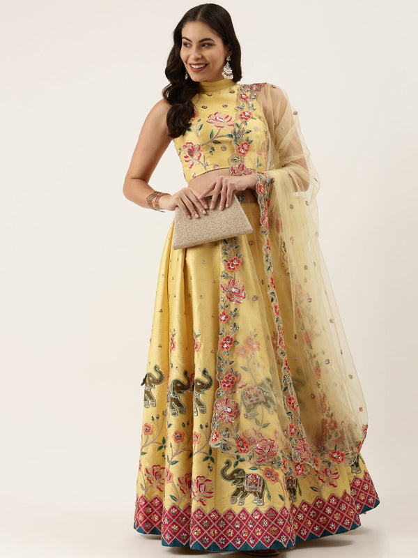 Women's Yellow Pure Silk Mirror Work Lehenga & Blouse With Dupatta - Royal Dwells