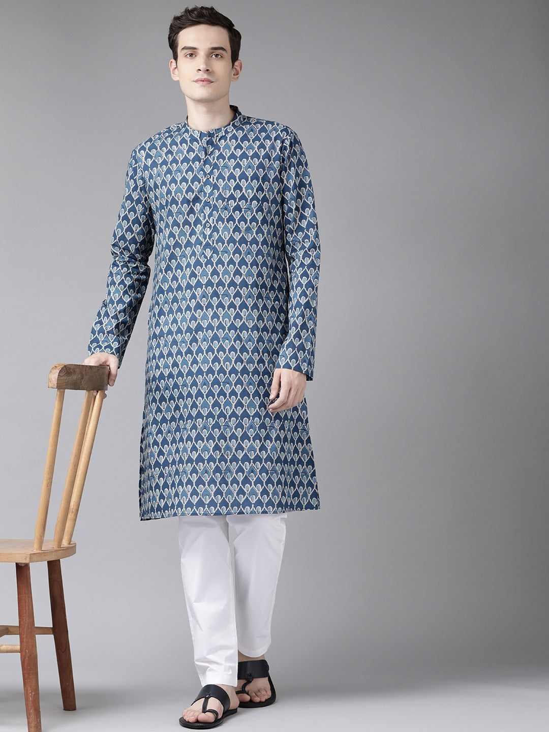 Men's Blue & Beige Printed Straight Kurta With Pyjama - See Designs