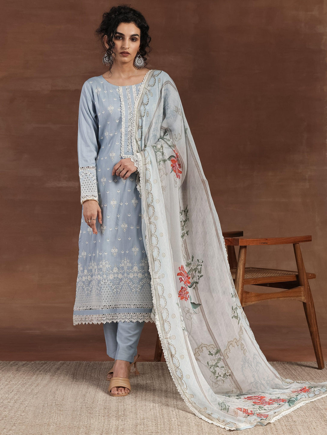 Blue Embroidered Silk Blend Straight Suit With Dupatta - Jashvi