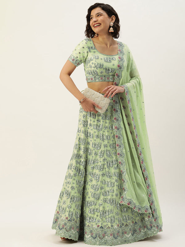 Women's Lime Green Pure Georgette Sequince, Zarkan Diamond Work  Lehenga & Blouse, Dupatta - Royal Dwells