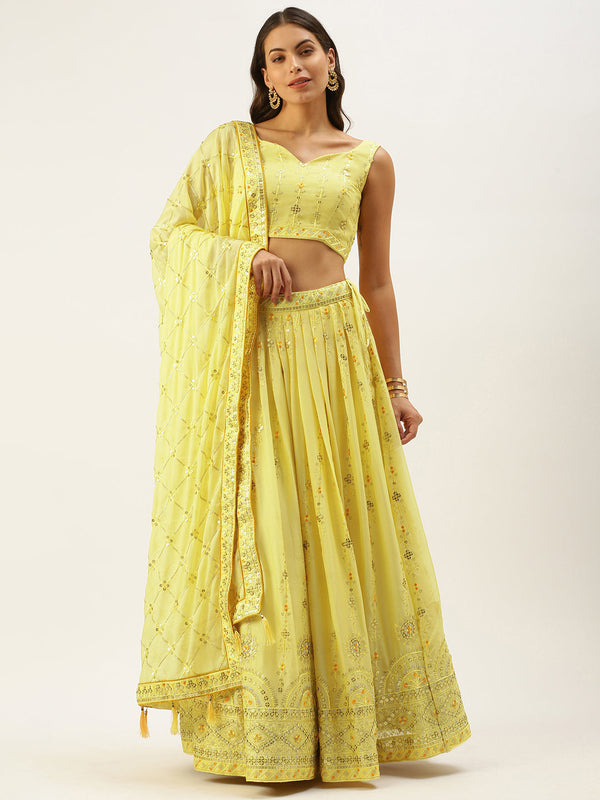 Women's Lemon Pure Georgette Embroidered Lehenga & Blouse, Dupatta - Royal Dwells