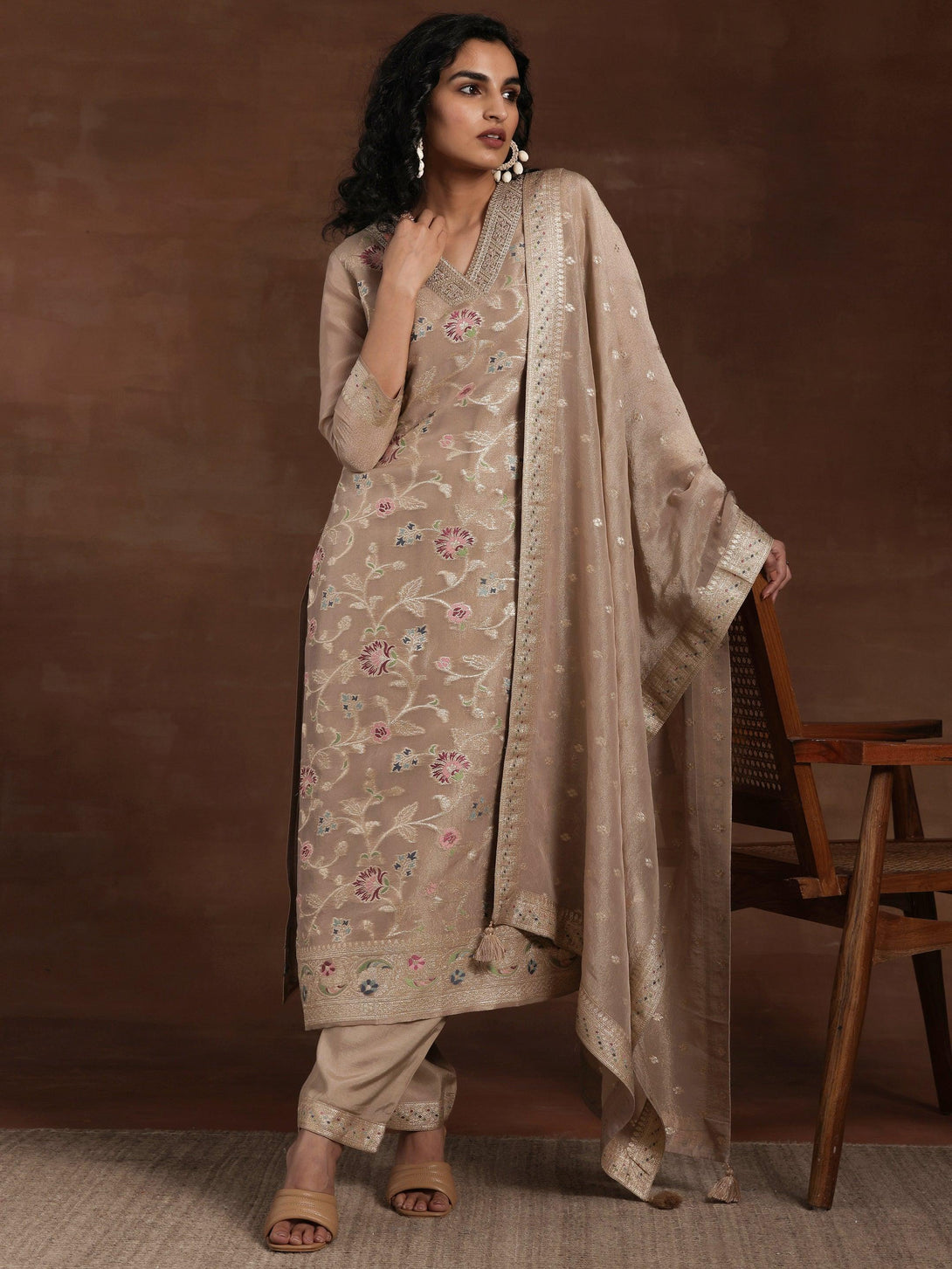 Brown Woven Design Chanderi Silk Straight Suit With Dupatta - Jashvi