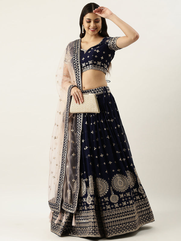 Women's Navy Blue Pure Georgette Embroidered Lehenga & Blouse, Dupatta - Royal Dwells