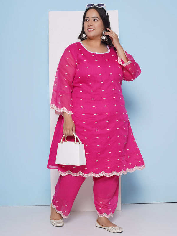 Fuchsia Pink Colour Embroidered Kurta With Embroiderd hem Trousers