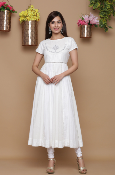 Women's White Rayon Lurex Embroidered Anarkali Kurta - Juniper