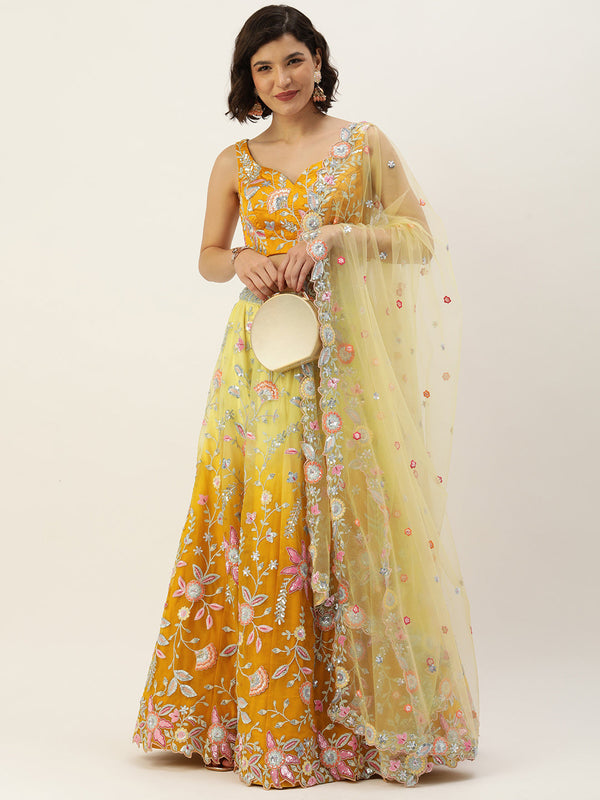 Women's Shaded Mustard Net Sequince Embroidered Lehenga & Blouse, Dupatta - Royal Dwells