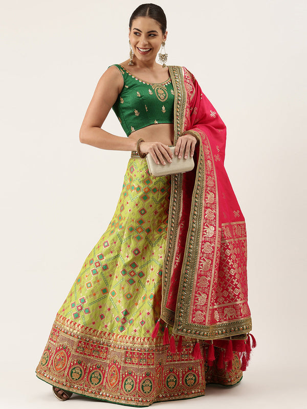 Women's Lime Green Poly Silk Jacquard Woven Work Lehenga & Blouse With Dupatta - Royal Dwells