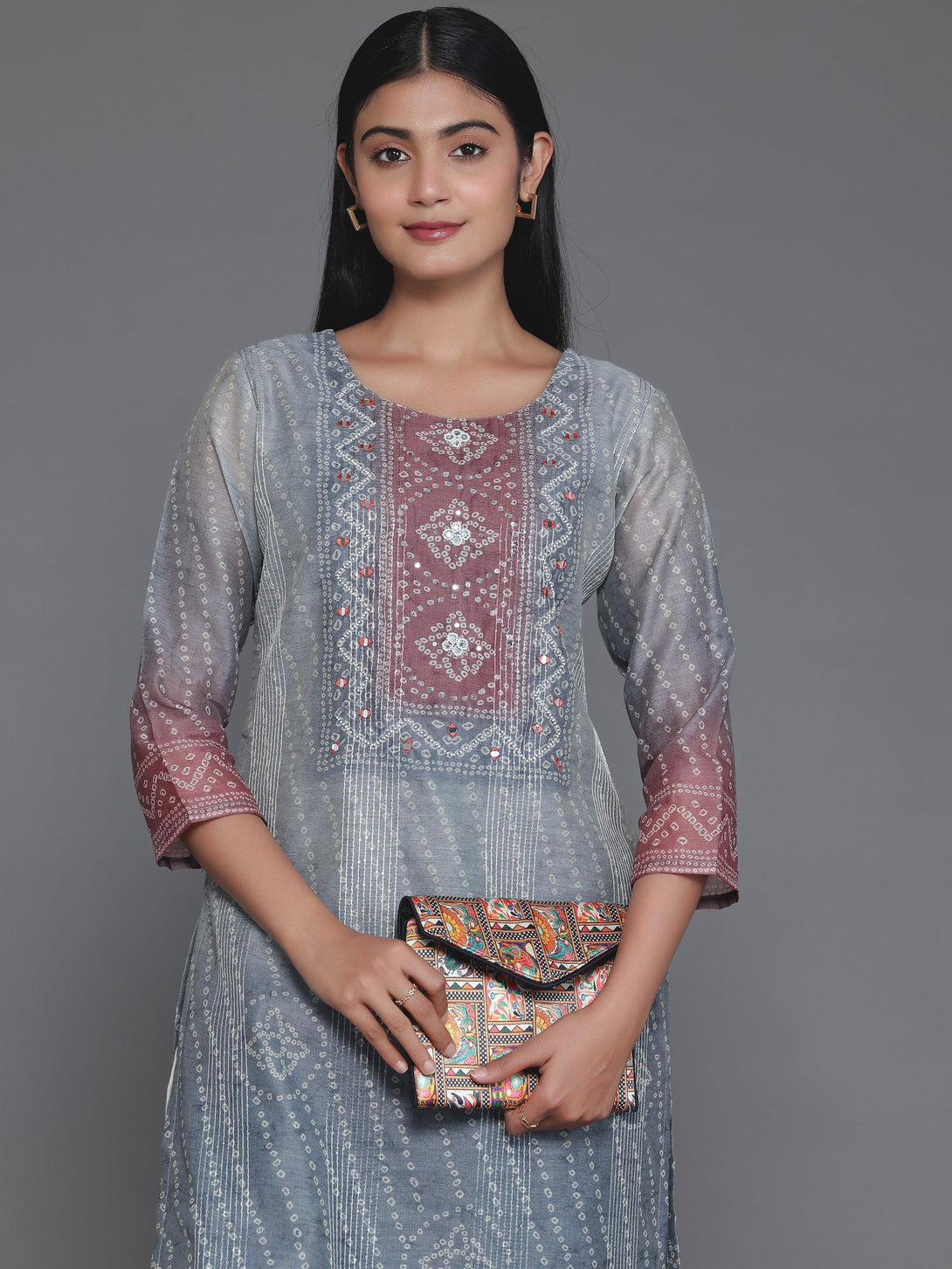 Grey Embellished Chanderi Silk Straight Kurta - Jashvi