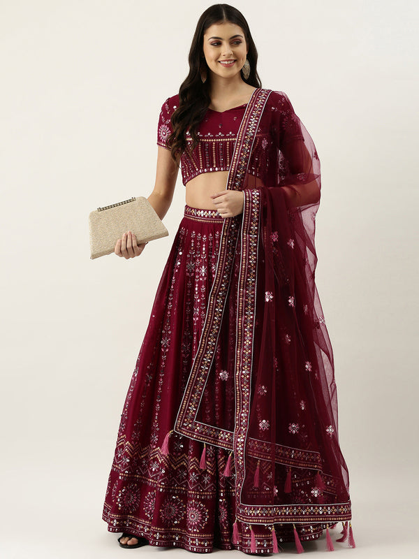 Women's Burgundy Pure Georgette Embroidered Lehenga & Blouse, Dupatta - Royal Dwells