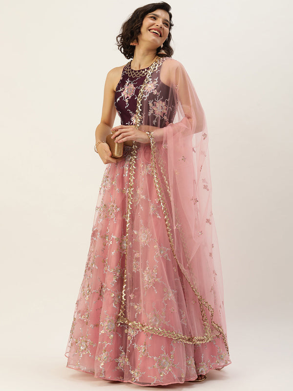 Women's Pink Net Sequince Embroideried Lehenga  Blouse With Dupatta - Royal Dwells