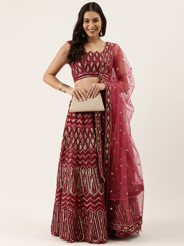 Women's Maroon Net Sequince Lehenga & Blouse With Dupatta - Royal Dwells