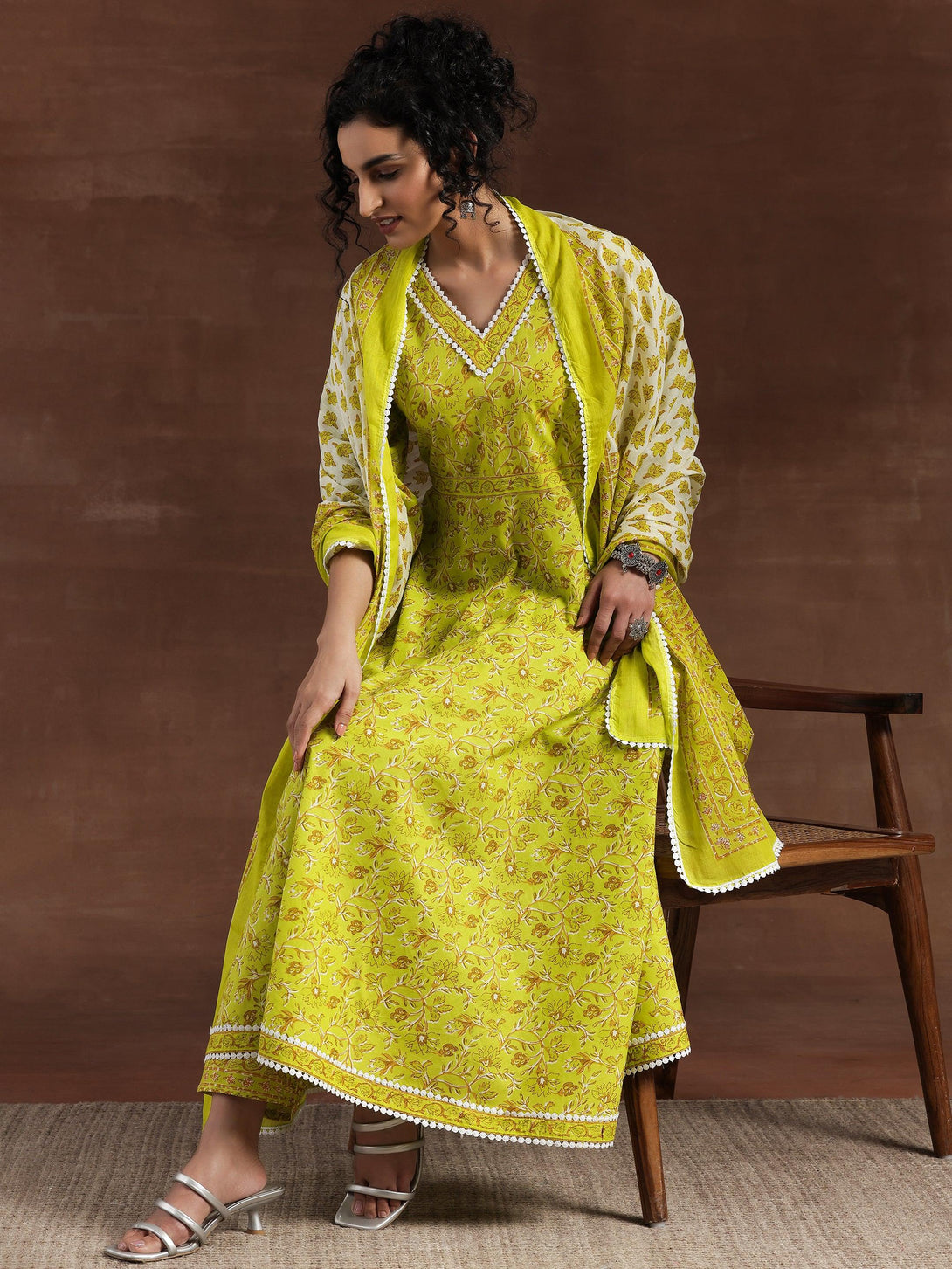 Green Printed Cotton Anarkali Suit With Dupatta - Jashvi