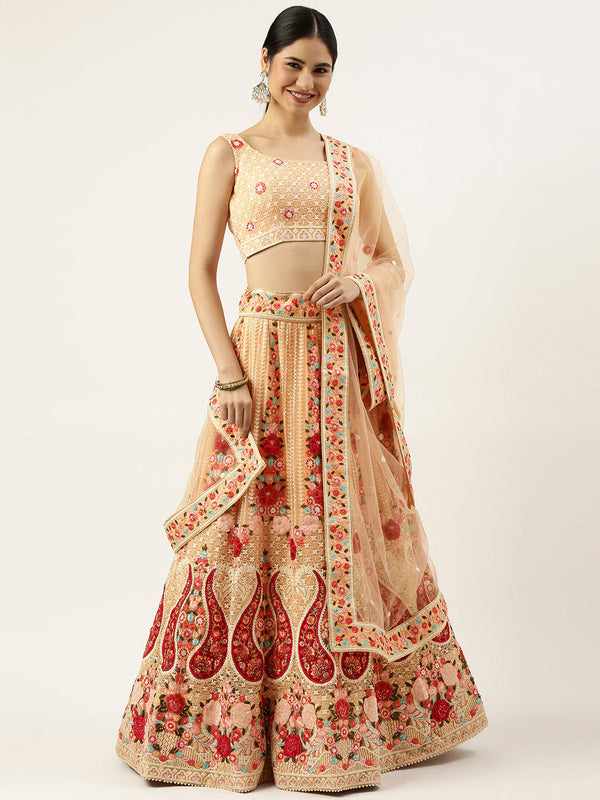 Women's Peach Net Thread & Sequince Work Lehenga & Blouse, Dupatta - Royal Dwells