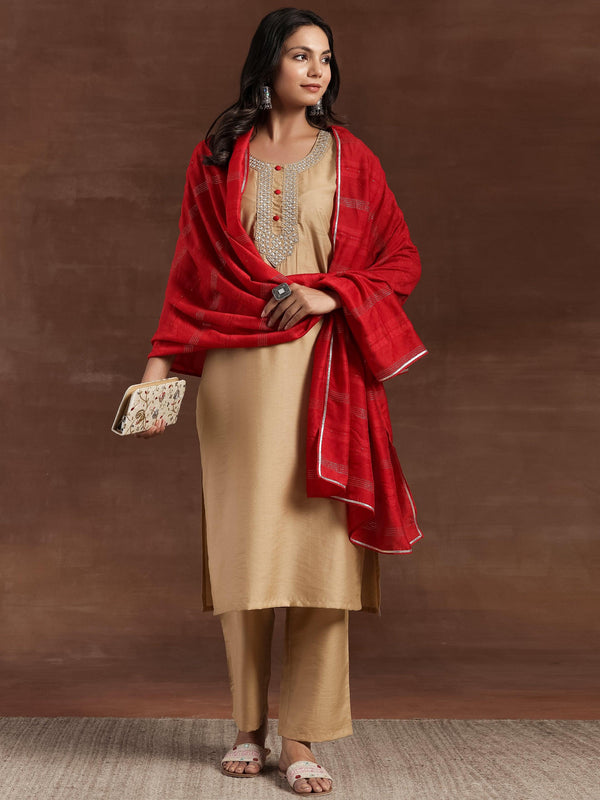 Beige Yoke Design Silk Blend Straight Kurta With Trousers & Dupatta - Jashvi