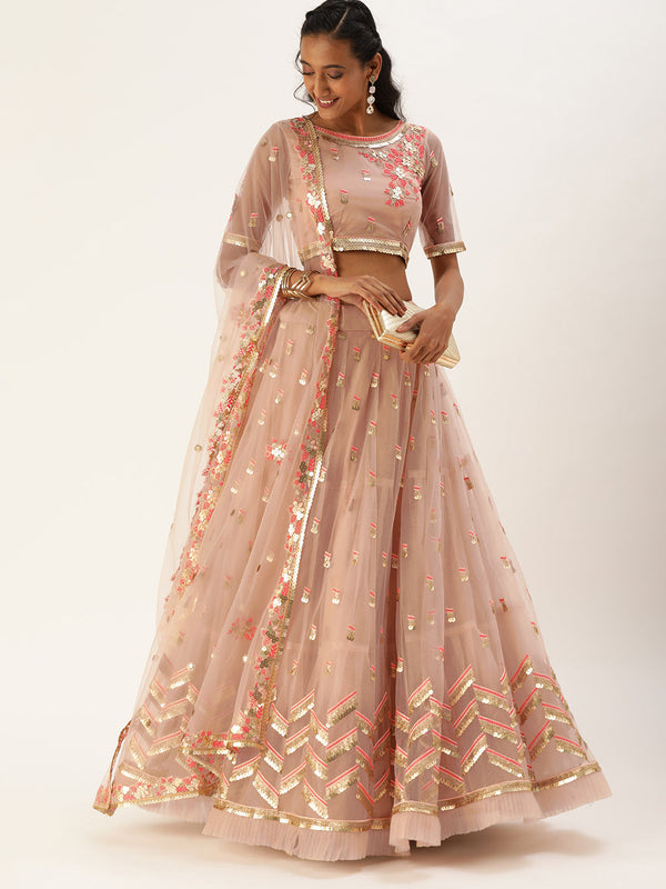 Women's Peach Net  Thread And Sequince Work Lehenga Choli - Royal Dwells