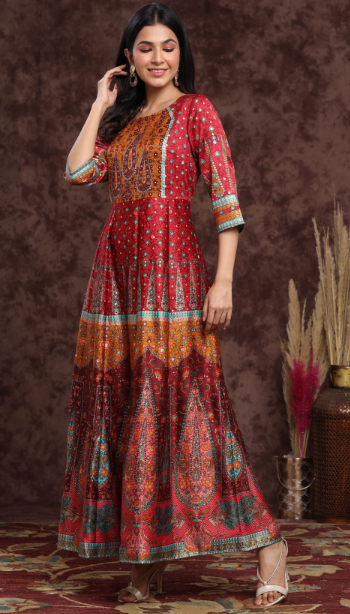 Women's Maroon Dull Satin Printed Anarkali Dress - Juniper