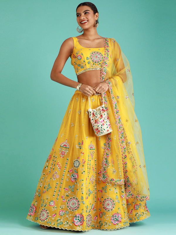 Women's Yellow Net Zari & Sequince Work Lehenga & Blouse, Dupatta - Royal Dwells