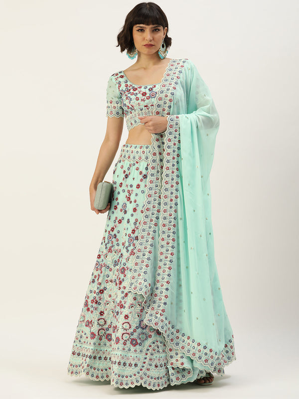 Women's Sea Green Pure Georgette Embroidered Lehenga & Blouse, Dupatta - Royal Dwells