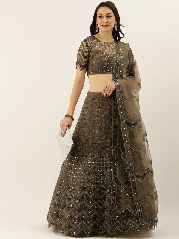 Women's Olive Net  Coding, Sequince And Mirror Work Lehenga Choli - Royal Dwells