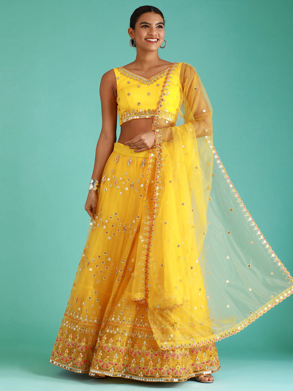 Women's Yellow Net Sequince Work Lehenga & Blouse, Dupatta - Royal Dwells