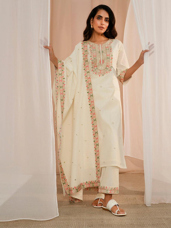 Off White Embroidered Cotton Straight Suit With Dupatta