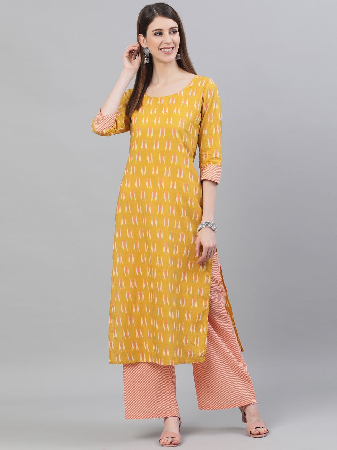 Women's Yellow & Peach Ikat Printed Straight Kurta With Palazzo Set - AKS