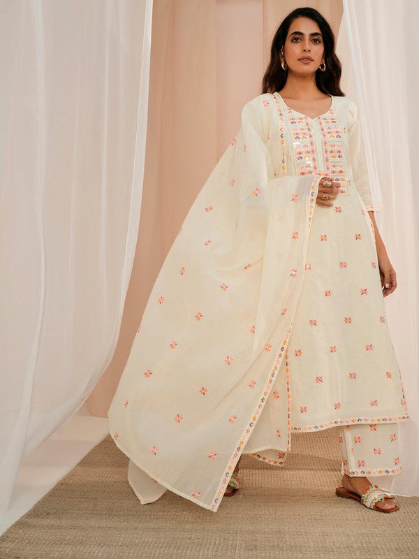 Off White Embroidered Cotton Straight Suit With Dupatta