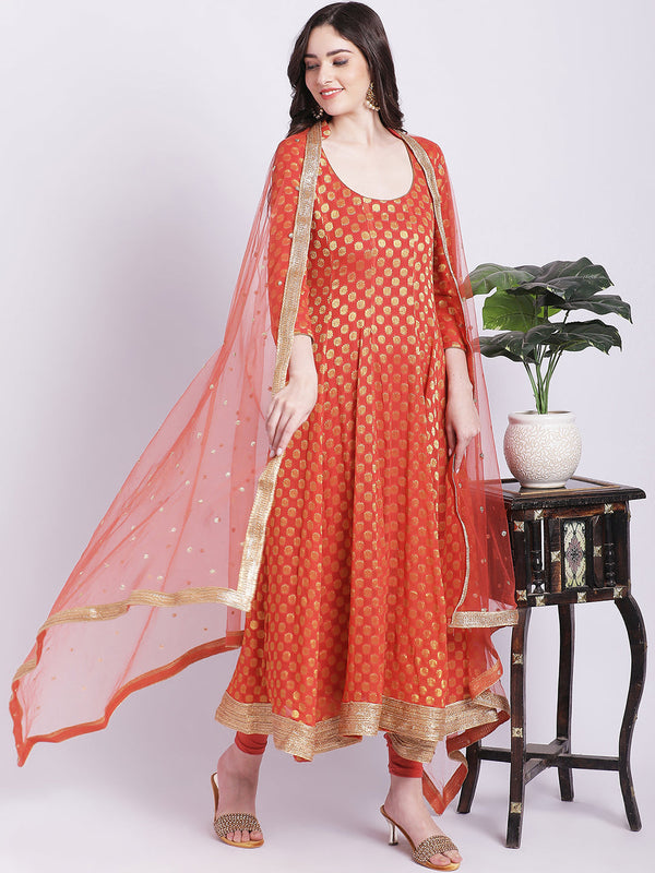 Women's Orange Banarasi Georgette Anarkali With Churidar And Net Sequin Dupatta - Anokherang